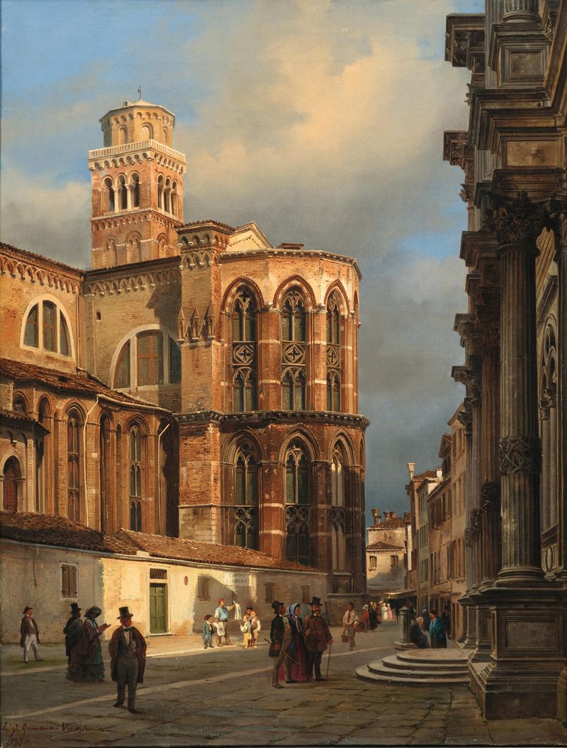 Oil on canvas by Luigi Querena depicting the Church of San Rocco with canal reflections