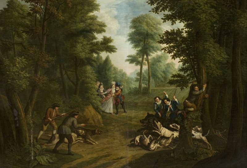 Caçando um javali, óleo rococó de Peter Jacob Horemans