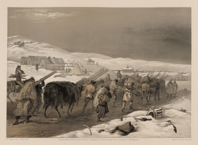 Huts and warm clothing for the army de William Simpson, realismo, soldados construindo abrigos no inverno.