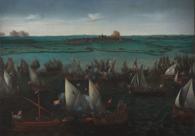 Battle between Dutch and Spanish ships on the Haarlemmermeer, oil on canvas by Hendrick Cornelisz Vroom