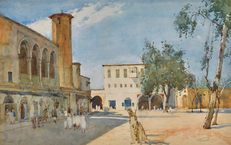 Tunis de Tom Scott, Post-Impresionismo, que representa un paisaje vibrante con arquitectura y cielo brillante.