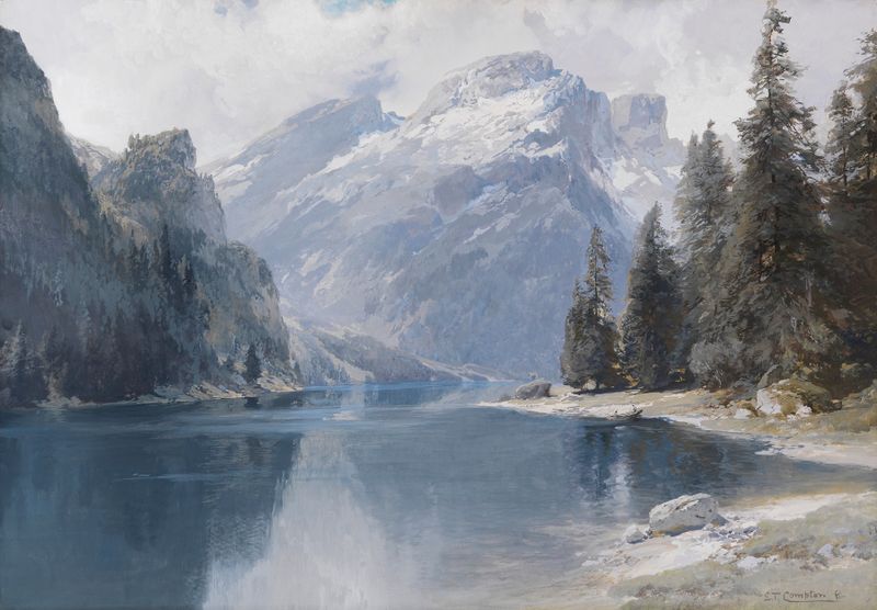 Pragser Wildsee pintura al óleo de Edward Theodore Compton que representa un lago sereno y montañas.