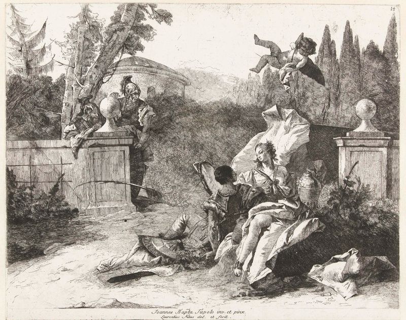 Rinaldo en Armida bespied door Ubaldo en Carlo, etching by Lorenzo Baldissera Tiepolo