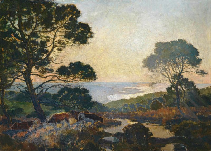 Cattle grazing above a bay at dusk, Impressionism by Émile-René Ménard