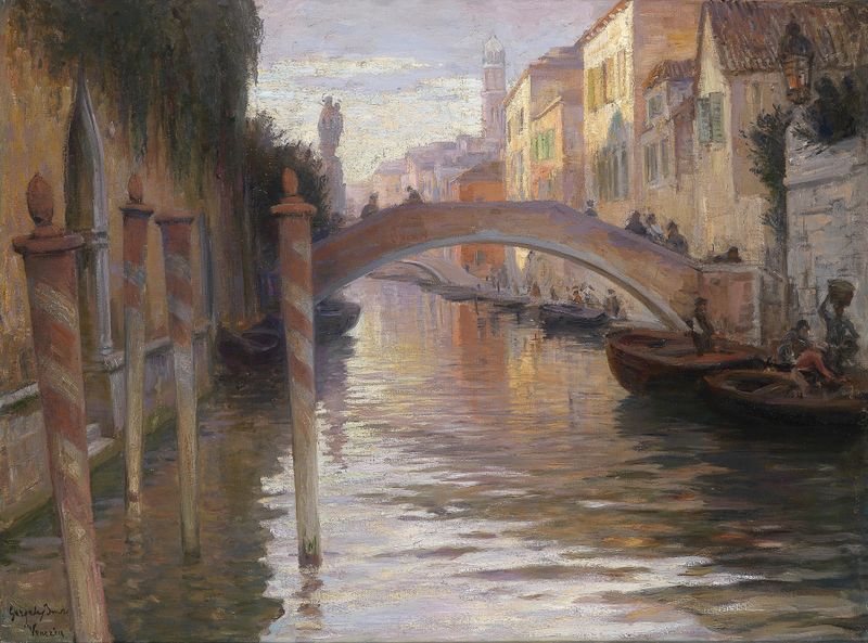 Twilight landscape with shimmering water reflections by Imre Gergely, oil painting