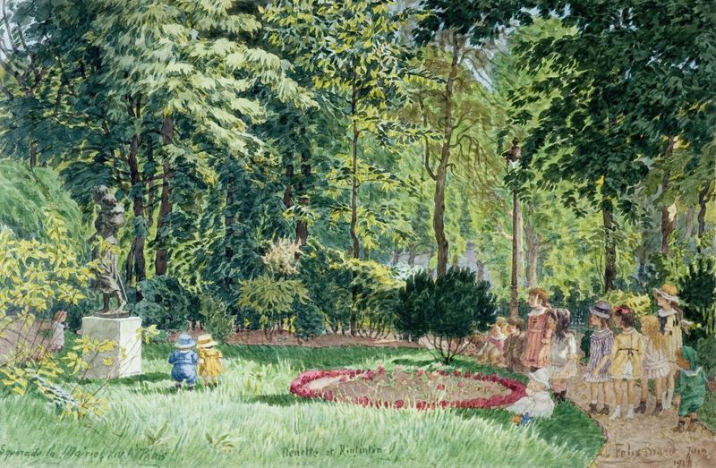 Landscape of Square de la Mairie (XIV A) Paris by Félix Brard, oil painting depicting a vibrant park.