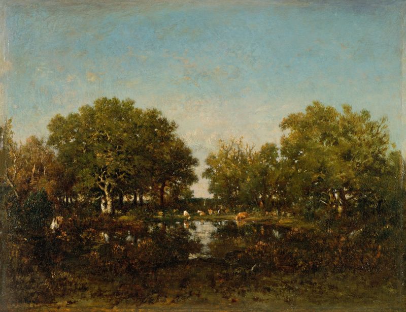El estanque, óleo sobre lienzo de Théodore Rousseau, que muestra la luz del sol filtrándose a través de los árboles sobre ...