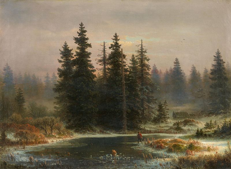 Landschaft mit Tannen und einem Jäger de Andreas Achenbach, pintura al óleo que representa una escena forestal con un caza...