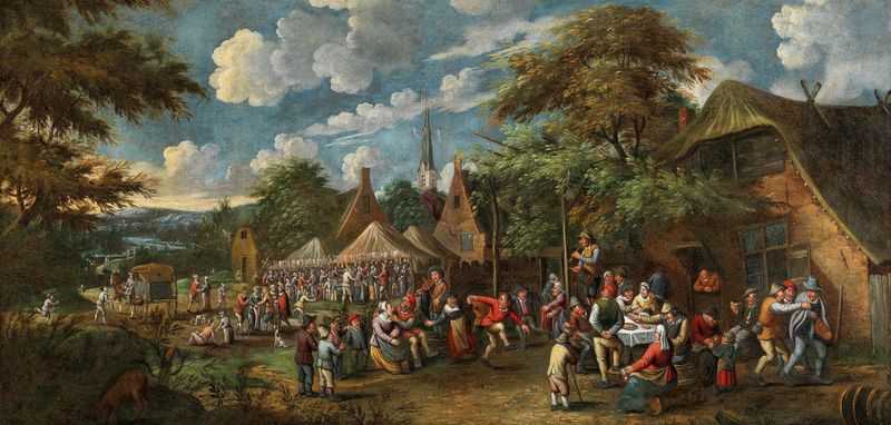 A village kermesse de Rutger Verburgh, óleo sobre lienzo que representa una celebración animada con figuras y luz brillante.