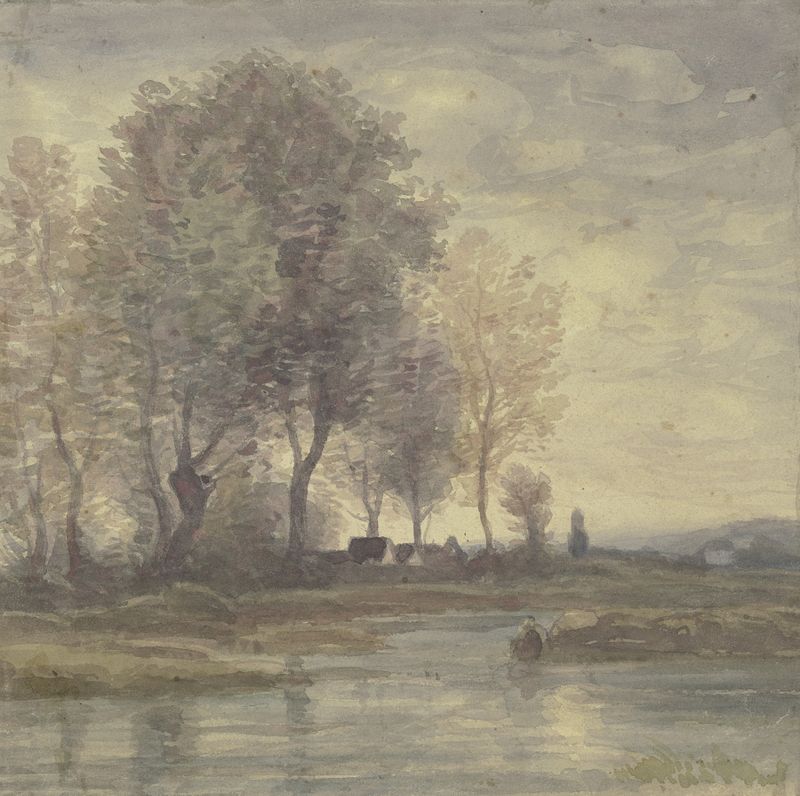 Landscape with water and village houses by Peter Burnitz, oil painting