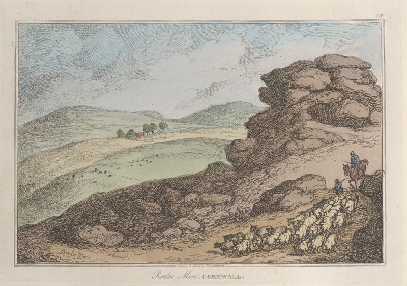 Paisagem com colinas e figuras em trabalho, pintura a óleo de Thomas Rowlandson, 1822