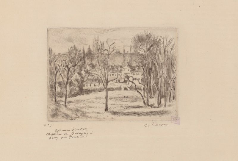 Château de Busagny à Osny près Pontoise de Camille Pissarro, pintura a óleo de uma paisagem tranquila.