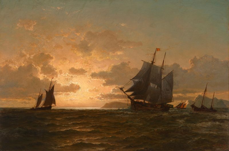 Return of the Whalers, oil painting by William Bradford showing a whaling ship at sea.