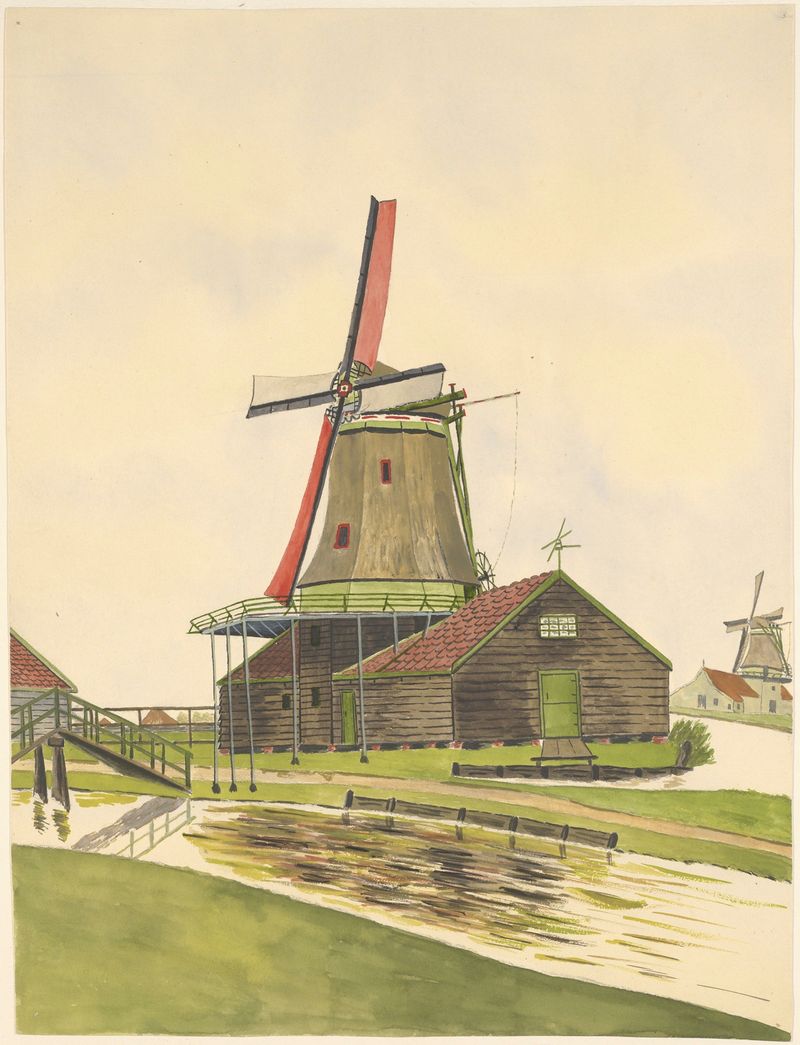 Paisagem com um moinho de óleo, pintura a óleo de Johannes Nicolaas Eijman