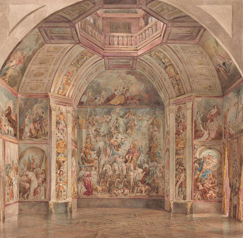 Fresco by Tieleman Cato Bruining depicting the west wall of the Oranjezaal