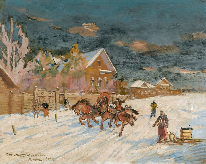 Paisaje invernal óleo de Konstantin Alexeevich Korovin con suaves colinas cubiertas de nieve.