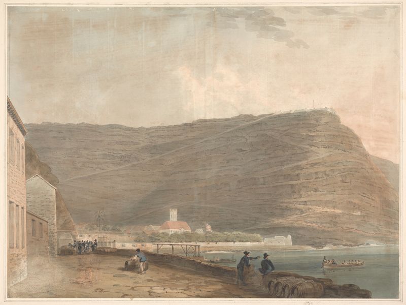 Coastal English Settlement Surrounded by Mountains de Samuel Davis, pintura al óleo que representa un paisaje sereno.