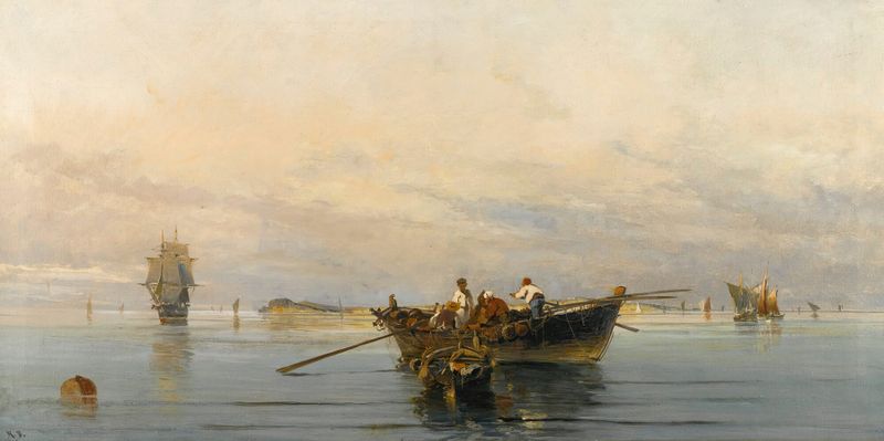 Marine scene with calm waters and reflections by Konstantinos Volanakis, oil painting