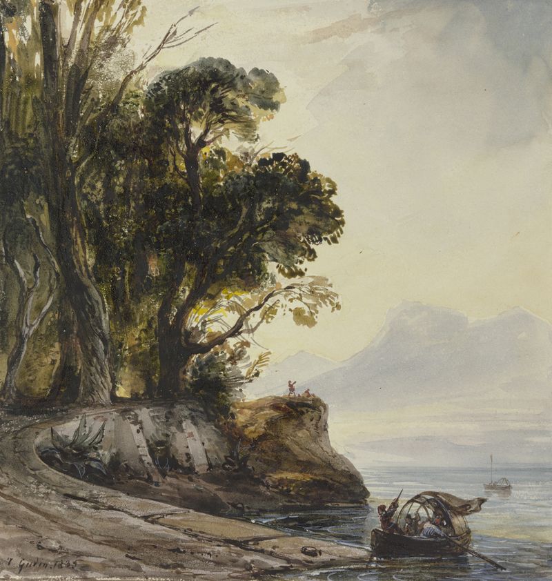 Paisaje costero de Théodore Gudin, pintura al óleo que representa olas y un atardecer.