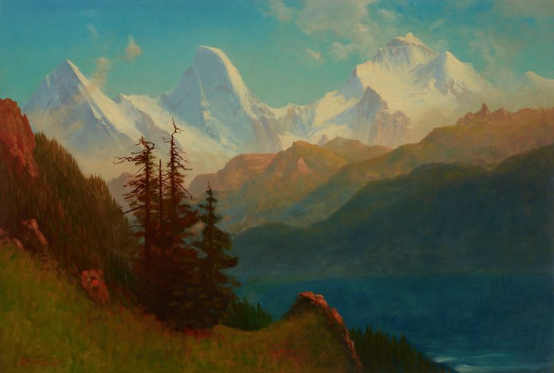 Paisagem com montanhas e nuvens de Albert Bierstadt, pintura a óleo