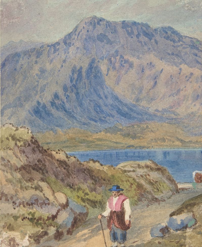 Paisaje montañoso con excursionista, pintura al óleo de John Leech