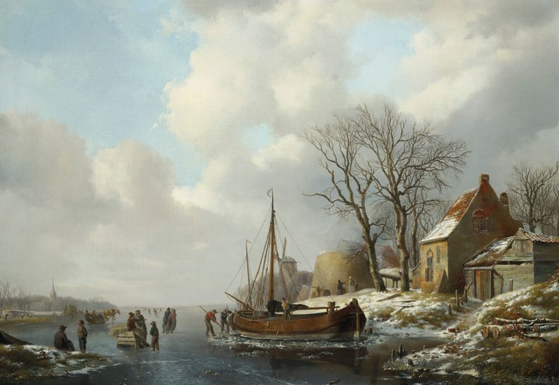 Winter landscape with figures by a boat on a frozen waterway, oil painting by Andreas Schelfhout