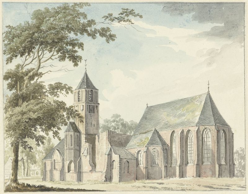 Kerk te Warmond de Hendrik Tavenier, óleo sobre lienzo que muestra una iglesia contra un cielo suave.