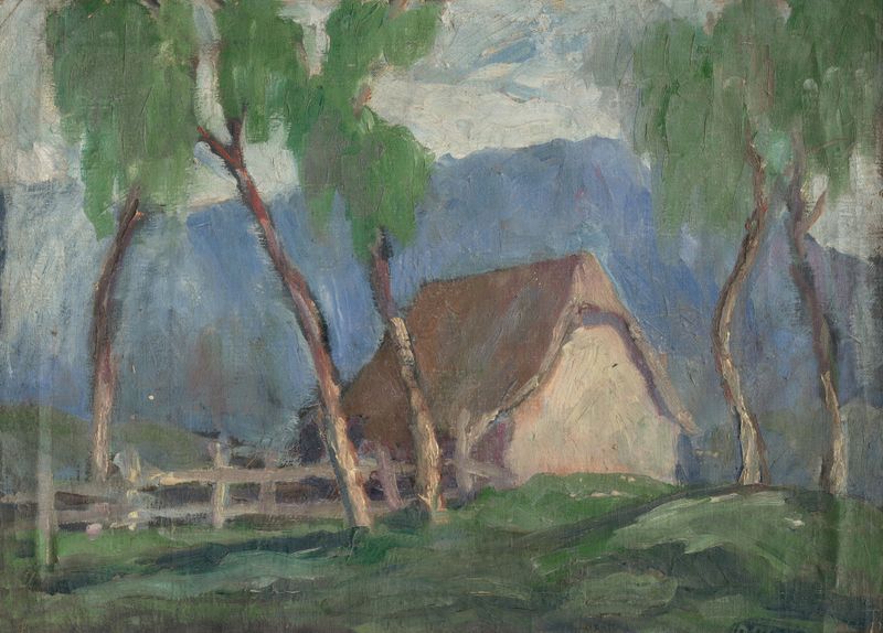 Landscape with Birches by Zolo Palugyay, impressionism, depicting birch trees in a sunlit meadow.