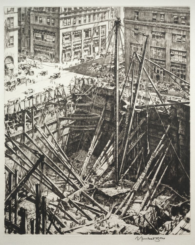 Manhattan Excavation de Muirhead Bone, que representa la excavación de la ciudad en tonos gris y sepia.