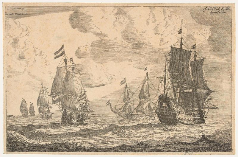Gravura de Reinier Nooms mostrando navios navegando em um vasto oceano