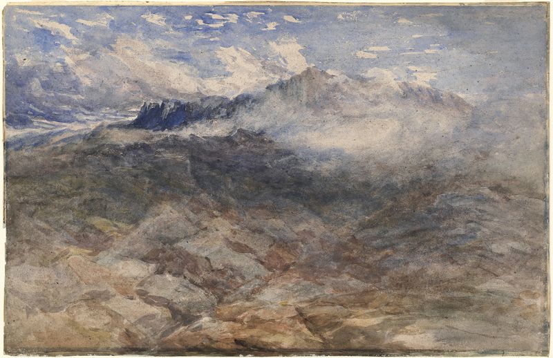 Mountain Heights, Cader Idris by David Cox, oil painting of rugged peaks and soft clouds