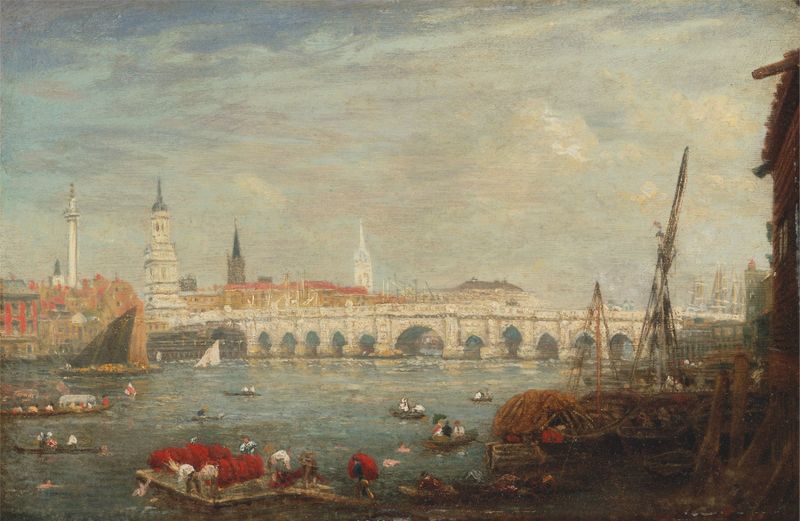 The Monument and London Bridge by Frederick Nash, oil on canvas depicting a bridge over a river.
