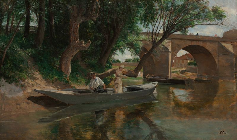 Bridge at Poissy by Ernest Meissonier, oil on canvas, depicting fishermen by a river