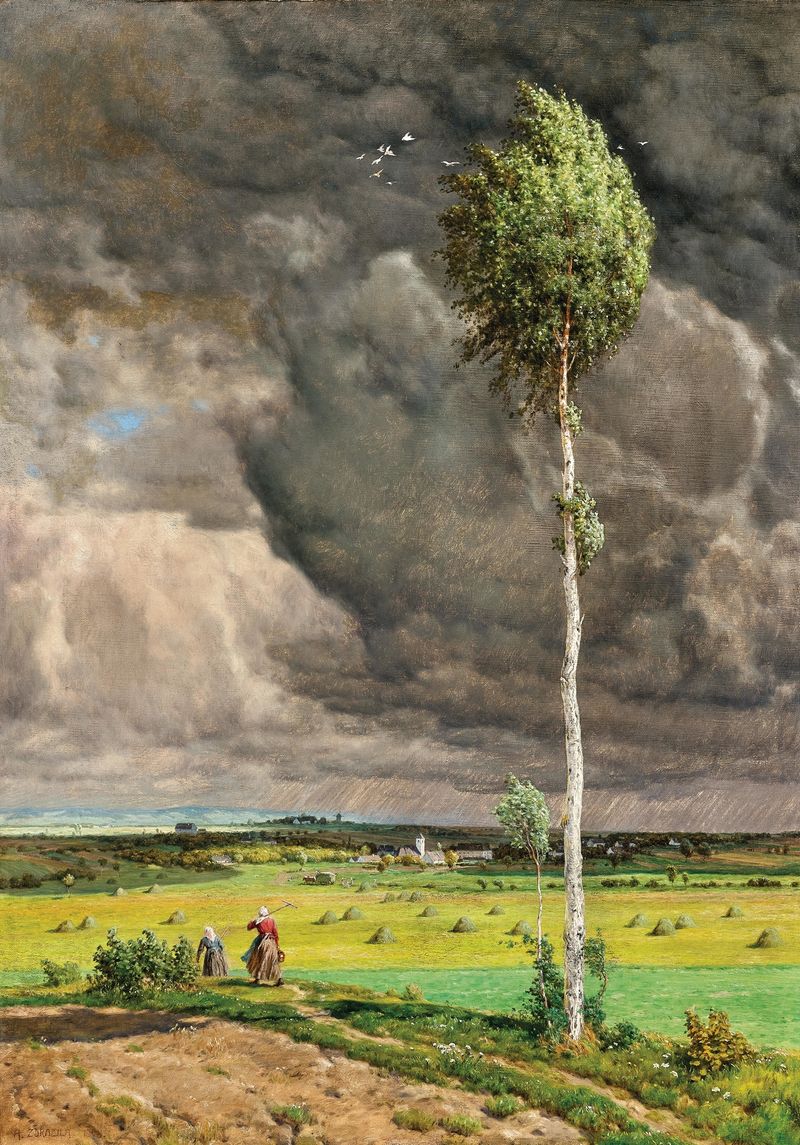Pintura a óleo de Adolf Zdrazila mostrando trabalhadores em uma paisagem ao crepúsculo antes de uma tempestade.