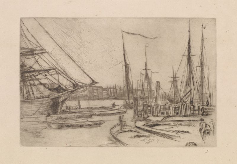 Marine scene with boats and figures by James Abbott McNeill Whistler, oil painting