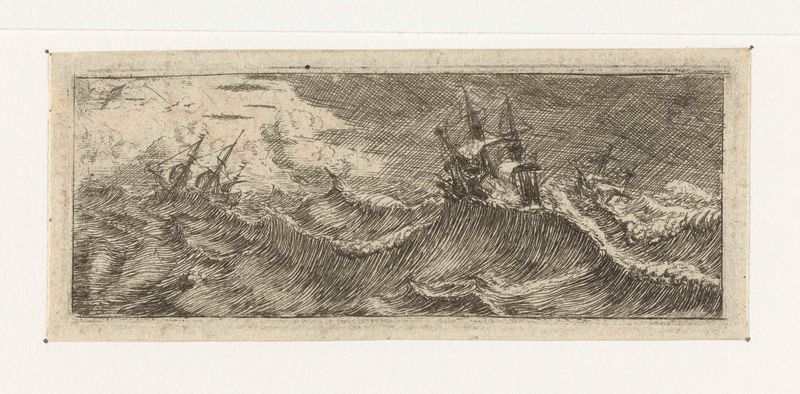Klein zeegezicht met schepen in een storm, gravura de Reinier Nooms mostrando barcos em águas turbulentas