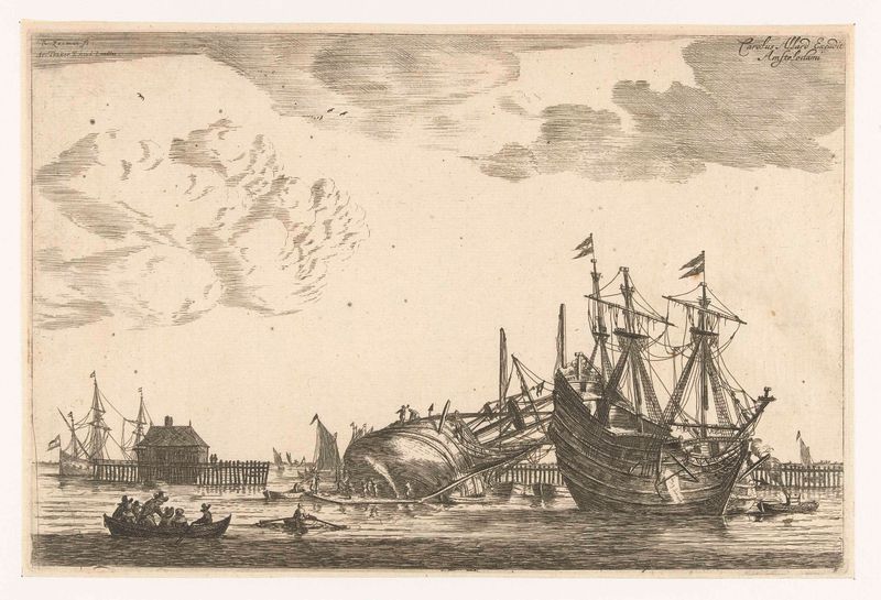 Dois navios em água calma ao amanhecer, gravura de Reinier Nooms