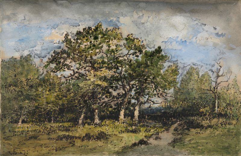 Landscape by Narcisse-Virgile Diaz de La Peña, oil painting depicting a serene forest scene.