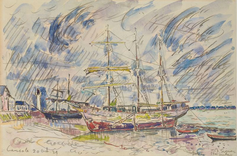 Cena marinha de Paul Signac, óleo sobre tela, com cores vibrantes do mar e do céu.
