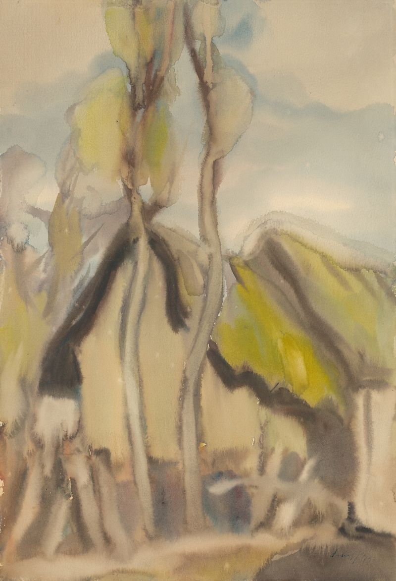 Cottage by Zolo Palugyay, oil painting depicting a serene landscape with warm earth tones