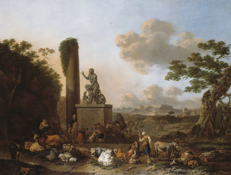 Landscape depicting a sunset over a valley by Nicolaes Berchem, oil painting