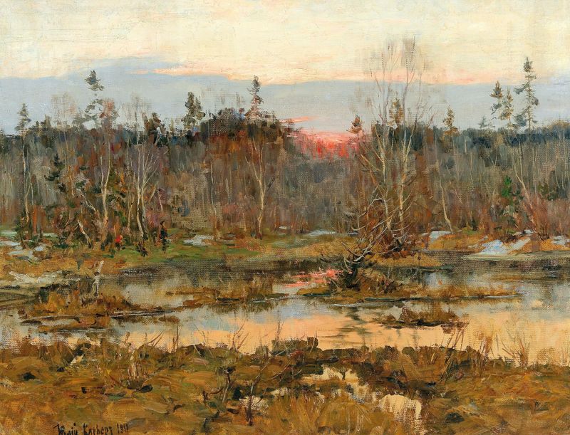 Pintura figurativa al óleo de Julius Sergius Klever que representa a un cazador en un bosque frondoso.