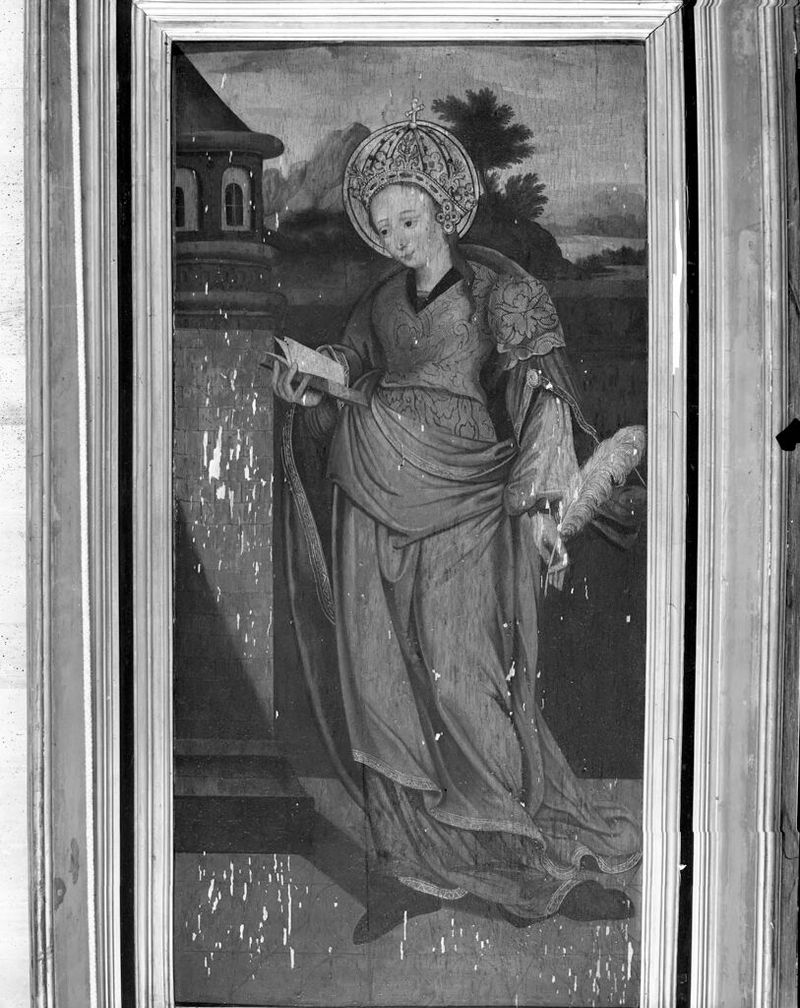 Saint Ursula by Barthel Beham, oil on panel, features a delicate figure in flowing garments.