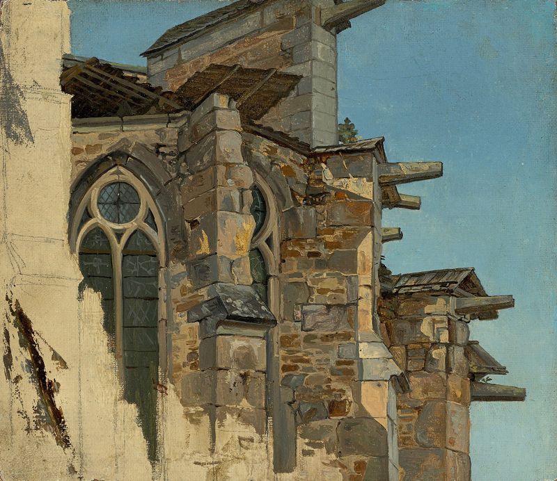 Estudio de la Catedral de Altenberg de Andreas Achenbach, óleo sobre lienzo con un cielo luminoso.