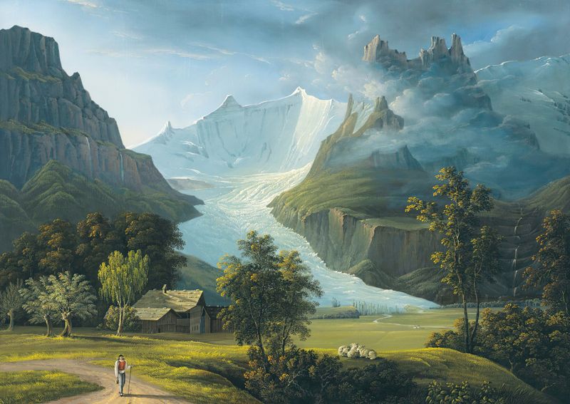 The Glacier Of Grindelwald, oil on canvas by Johann Heinrich Bleuler, depicting mountains and clouds.
