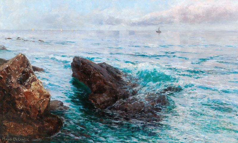 Coastline with Boats by Menci Clement Crnčić, oil painting depicting boats on a vibrant sea.