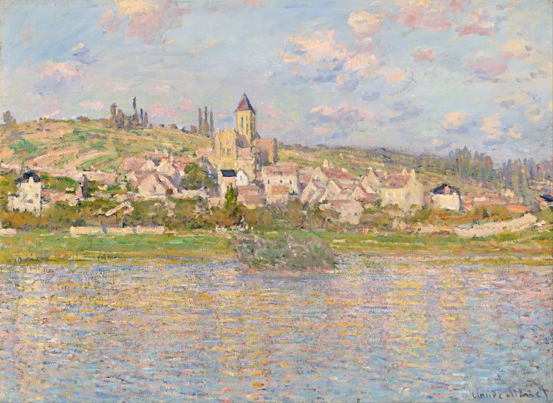 Vétheuil de Claude Monet, óleo sobre lienzo que representa un río, árboles y reflejos.