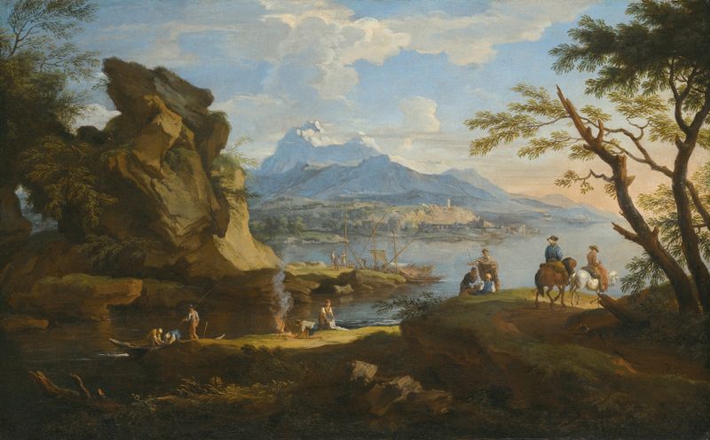 A harbour scene with fishermen returning to shore, oil painting by Jacob de Heusch
