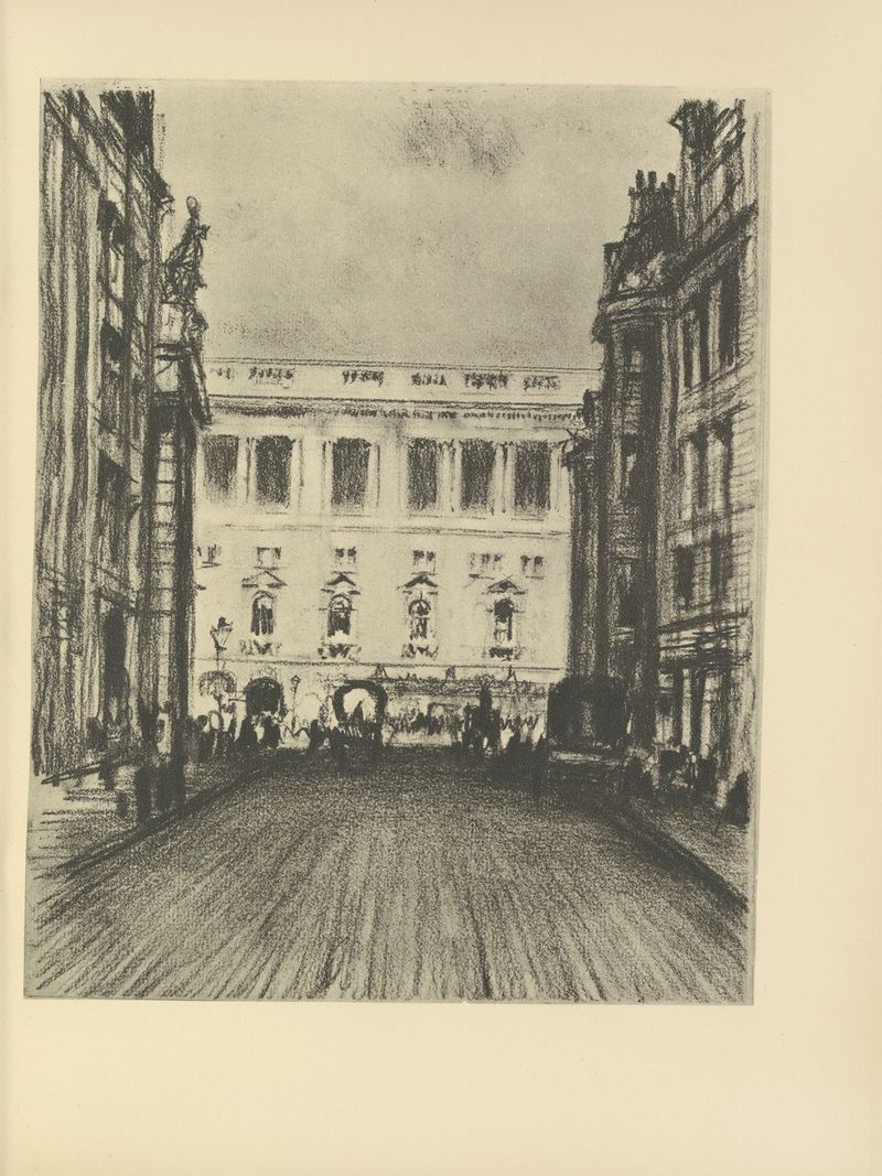 Litografía de Joseph Pennell que muestra una multitud animada con atuendos elegantes