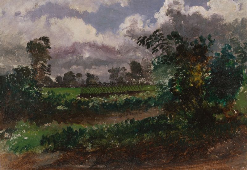 A view across a garden with flowers and golden light, oil painting by Francis Danby